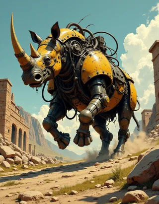A large mechanical rhino with yellow armored plates and intricate steampunk details, running through a rocky desert path amidst ancient ruins under a blue sky with clouds.