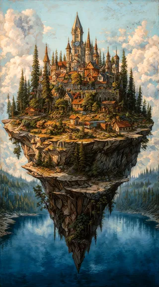 A detailed oil painting of a floating island featuring an ancient castle, surrounded by dense forest and a tranquil lake, showcasing intricate architecture and warm tones.