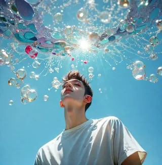 Young man wearing a white shirt looking upwards surrounded by transparent bubbles and sunlight under a blue sky