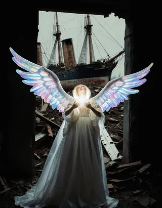 Bright angel with glowing iridescent wings in a dark, ruined room with debris and a huge sailing ship wreck in the background.