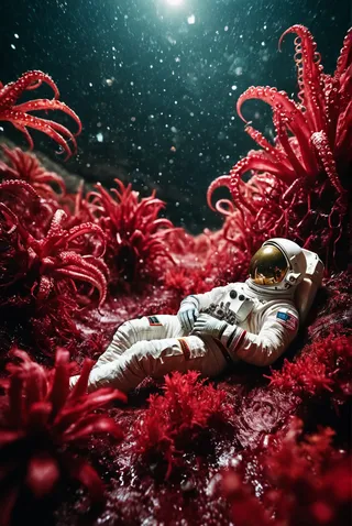 Astronaut lying peacefully on a red alien planet covered with wet tentacles and alien plants under dramatic lighting with bokeh effects