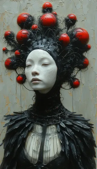 A surreal female portrait with a pale, almost sculpted face wearing a black biomechanical crown adorned with glossy red spheres, set against an abstract textured background.