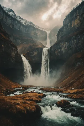 Panoramic photorealistic landscape showing large waterfalls cascading between cliffs, with snow-topped peaks and a river flowing through a moody winter scene with dramatic lighting and mist.