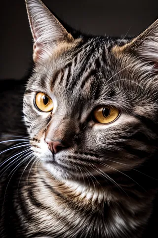 Close-up photorealistic image of a cat's detailed face with golden eyes, soft lighting, and a dark background.