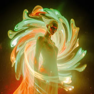 A florate person surrounded by intricate, swirling light trails in light-toned peridot, orange-red, and copper colors with pearlescent glass appearance, set against a dark background filled with bright dust and gothic, organic shapes.