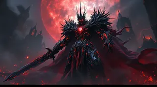 A towering dark lord in black obsidian armor with blood-red glowing veins stands with a colossal sword before a shattered cathedral under a full blood moon, cloaked in a flowing crimson cape amid swirling mist.