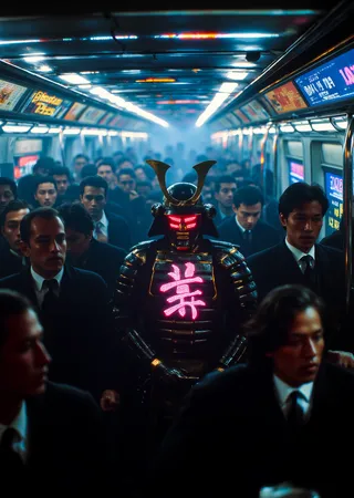 Crowded New York City subway during rush hour with office workers in black suits surrounding an Edo samurai in lacquered armor featuring pink LED inlays and scrolling kanji, illuminated by neon reflections and cinematic cyan-magenta lighting with a subtle VHS texture.
