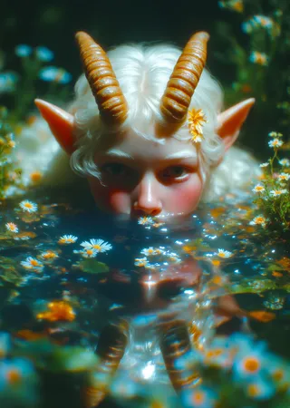 A goat-horned white-haired fairy with pointed ears peers closely into a wavy water surface, surrounded by flowers in a forest setting with her reflection visible.