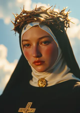 Close-up portrait of Saint Rita of Cascia wearing a white veil and black habit with a crown of thorns, soft natural lighting and a faint thorn mark visible on her forehead.