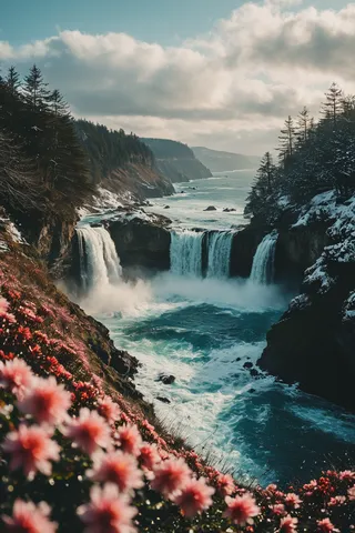 Panoramic view of a winter ocean landscape with cascading waterfalls, snow-dusted pine trees, and pink flowers in the foreground under a dramatic cloudy sky.