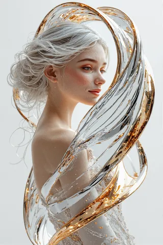 Portrait of a young woman with long white hair and delicate features surrounded by swirling molten chrome and liquid gold ribbons against a white background.