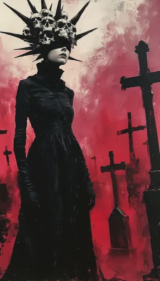 A dark, gothic female figure in a black high-collared dress and blindfold stands in a graveyard against a red, smoky background. She wears a crown of skulls with black spikes, and crosses are silhouetted behind her.