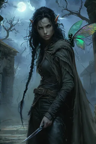 A dark fantasy scene featuring a pale-skinned elven assassin with long tangled black hair in a messy braid, dressed in a tattered dark grey cloak and leather attire, holding a sharp obsidian dagger. A glowing sprite with iridescent wings perches on her shoulder in a moonlit, desolate courtyard with gnarled trees and atmospheric chiaroscuro lighting.