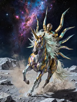 A fantastical unicorn with glowing aureolin hair galloping through a desolate glacier landscape at night, ridden by a metallic humanoid figure with curved metallic projections, beneath a vibrant nebula sky.