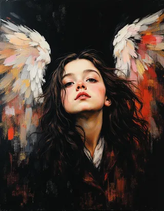Oil painting of a serene young angel girl with large feathery wings, painted in a rich, high saturation palette with palette knife textures, inspired by Rembrandt and abstract expressionism.