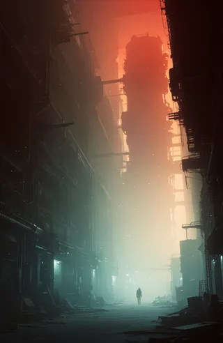 Dimly lit industrial alleyway filled with dense fog, featuring a glowing cylindrical tower and a lone human silhouette walking into the mist.