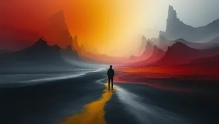 A solitary silhouetted figure stands in a surreal digital dreamscape, surrounded by vibrant layered mountain formations under a dramatic swirling sky.