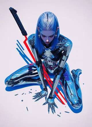 High-detail digital artwork of a cybernetic girl with blue hair and reflective robotic armor sitting on the ground with a sword behind her, shown from above.