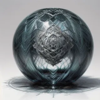 A hyperrealistic crystal flower sphere with intricate filigree patterns and surreal lighting casting detailed shadows on a smooth surface.