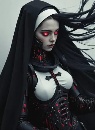 A mechanized woman dressed as a nun with black and white cornette, red glowing eyes, intricate robotic details, long flowing hair, and a red cross on her chest.