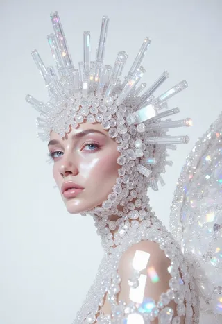 A futuristic portrait of a holographic glass angel robot adorned with a crystal-drenched siren headdress and glowing minimal white makeup on a plain white background.