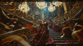 Lavish Russian masquerade ball in an imperial palace featuring Empress Catherine descending a marble staircase amidst masked dancers in gold and scarlet costumes with ribbons and petals swirling under ornate chandeliers.
