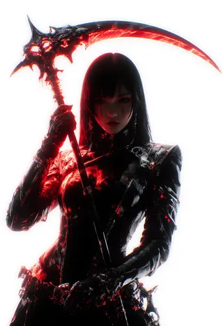Hyperreal cinematic portrait of a woman wielding a glowing red neon scythe, dressed in a glossy black outfit with silver details under dramatic studio lighting against a white background.