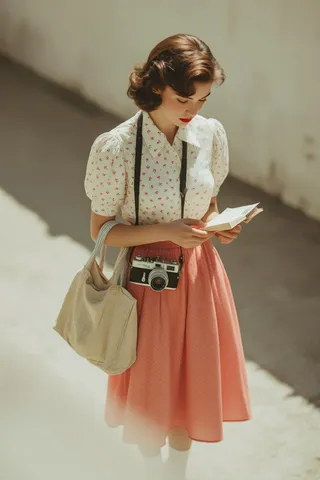 A woman in vintage 1950s fashion with a white blouse and coral skirt reads a note outdoors under soft daylight, carrying a retro camera and canvas bag.
