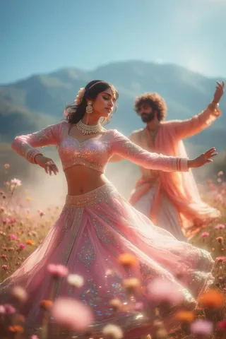 Graceful Indian woman in a sparkling pink lehenga twirling outdoors in a wildflower field with a man dancing in the background under a clear blue sky.