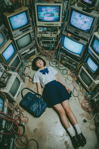Overhead photo of a young Japanese schoolgirl lying on a grimy concrete floor surrounded by old, bulky CRT televisions and tangled wires, evoking a dystopian and nostalgic atmosphere.