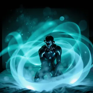 Shiny black male android squatting on a bed surrounded by intricate seafoam and silver swirling light trails made of engraved glass with billowing bright dust in the background.