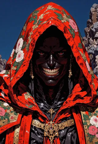 A surreal horror portrait of a mysterious hooded figure wearing an ornate red floral cloak with detailed gold embroidery, showing a wide grin of sharp white teeth against a deep blue sky.
