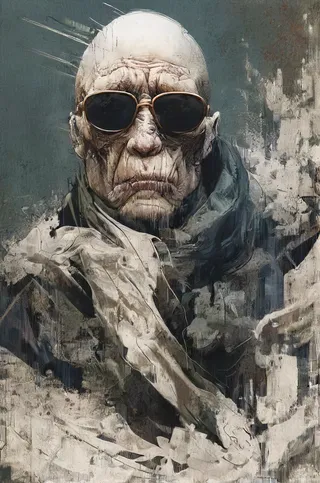 Portrait of a frail, ghostly male spirit with balding head wearing sunglasses and military attire amid chaotic brush strokes.