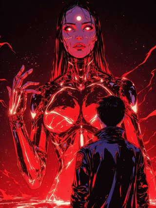 A towering female android glowing red with mechanical plating stands facing a man in a futuristic coat, illuminated by molten energy in a dark sci-fi scene.