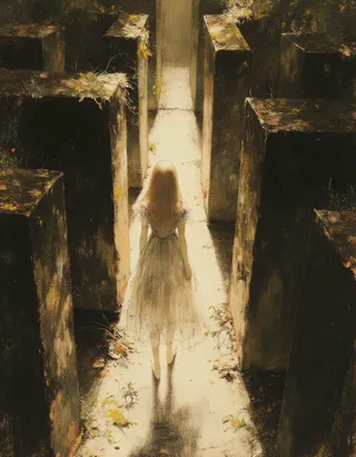 A soft digital painting of a young princess walking through a shadowy labyrinth with delicate details and a dreamlike atmosphere in Rembrandt oil painting style.