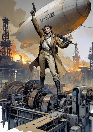 InkPunk style man in brown coat holding pistol aloft and automatic rifle slung, standing on machinery with industrial fire and large airship U-5032 behind.