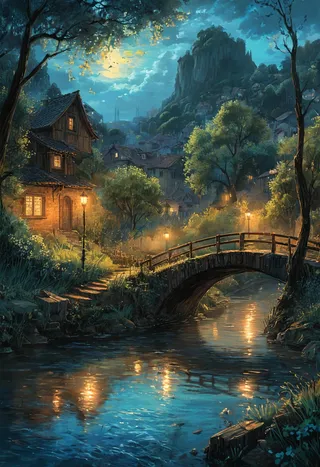 A detailed moonlit scene depicting a stone bridge over a reflective river, surrounded by a quaint village with houses lit warmly, willowy trees, and a mountainous backdrop under a glowing full moon.