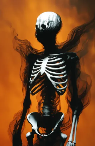 A skeletal figure with prominent ribcage and collarbones stands against an orange smoky background with dark black tendrils flowing around its sides and back like wings.
