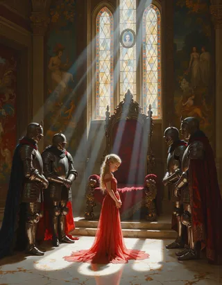 A tween princess in a red gown stands solemnly in a grand throne room, surrounded by four knights in ceremonial armor, rays of sunlight streaming through stained-glass windows.