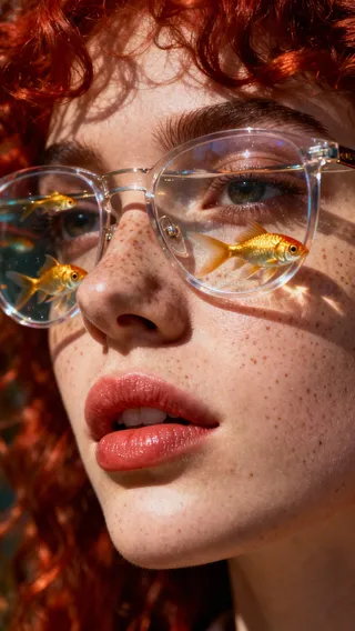 Close-up hyper-realistic portrait of a young woman with red curly hair and freckles wearing clear glasses with golden fish swimming inside the lenses.