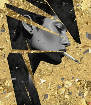Stylized digital portrait profile in black and gold with geometric abstraction, showing a woman holding a cigarette, detailed with chiaroscuro lighting and metallic textures.
