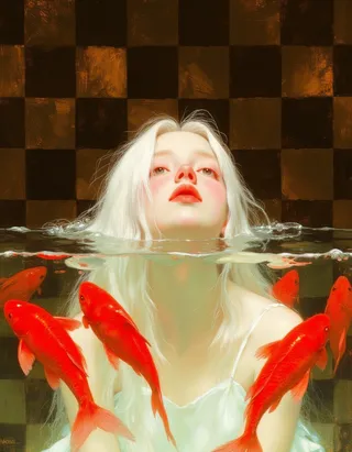 A surreal digital painting of a young albino girl with long white hair submerged up to her shoulders in water, surrounded by vibrant red fish, set against a checkerboard brown background in a Rembrandt-inspired style.