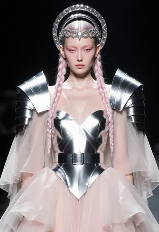 Avant-garde high-fashion model wearing a sculptural silver metallic armor corset with layered sheer pale pink fabric and celestial silver headpiece, styled with pastel pink braided hair.