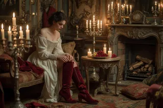 Young woman in white off-shoulder gown sitting on a chaise lounge in a Rococo-style room, pulling on red velvet boots beside a table with candles and fruit, warm candlelight illuminating ornate furnishings and a fireplace.