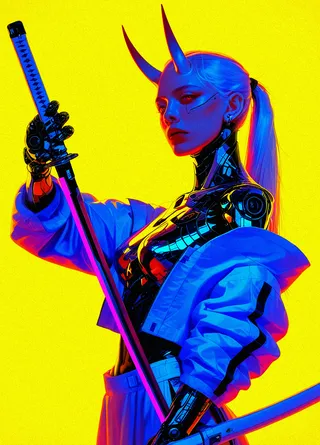 Cyberpunk female cyborg with white hair and oni horns holding a katana against a vivid yellow background, featuring mechanical arms and futuristic armor.
