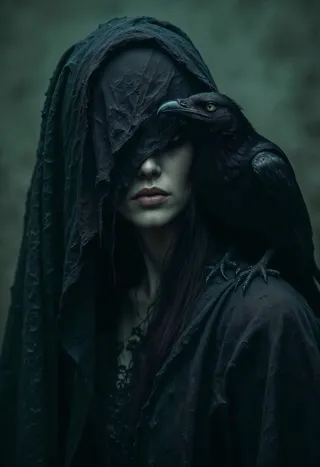 A mysterious woman cloaked in tattered black fabric with a raven perched on her shoulder in a dark, muted green background.