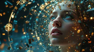 Close-up of a woman's face surrounded by floating runic holograms, glowing symbols, and brass fragments forming arcane circles in a surreal digital void.