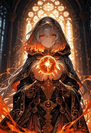 A mystical oracle in medieval garb holds a glowing crystal orb, illuminated by golden firelight, framed by a majestic cathedral window.