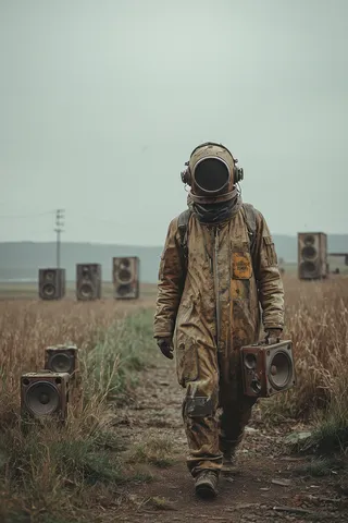 A post-apocalyptic survivor wearing a weathered hazmat suit walks through a desolate field filled with abandoned speakers and rusted metal under an overcast sky.