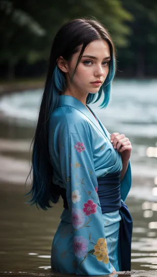 Portrait of a young girl with long blue hair wearing a detailed blue kimono standing in water with a soft monochromatic bokeh background.